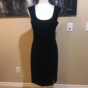 White House Black Market Midi Pleated Neck Line Black Sheath Dress Size 6